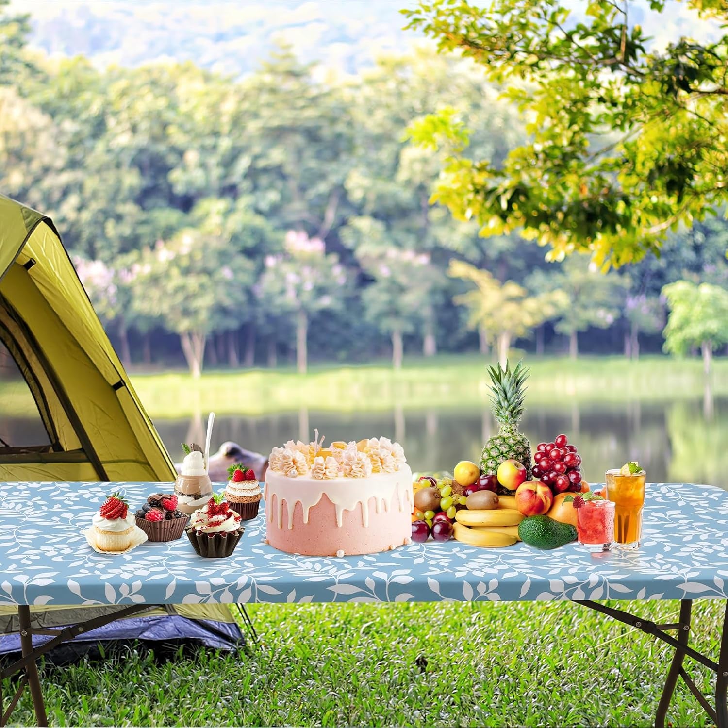 Rectangle Vinyl Tablecloth, Fitted Table Cover, 100% Waterproof, Elastic Edge, Flannel Backing, Plastic Table Cloth Fit 4 Foot Folding Tables for Picnic, Outdoor (Blue Leaves, 24X48 Inch)