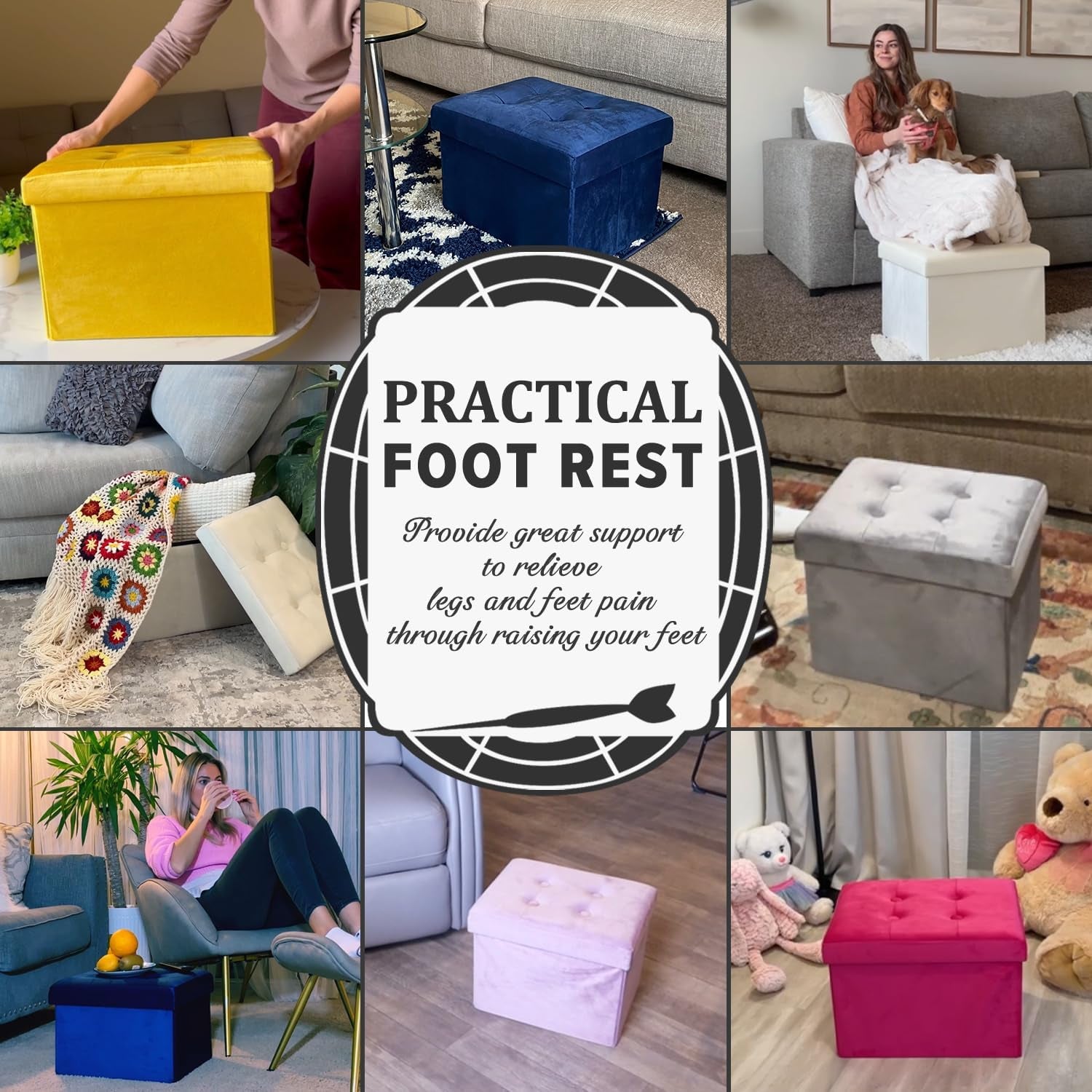 Navy Small Velvet Rectangle Ottoman with Storage - Button-Tufted Folding Foot Rest for Desk or Room Use (16"x12"x12")