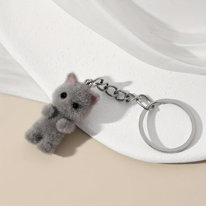 Cute Cat Keychain Fluffy Gray Kitten Animal Resin Key Chain Ring Purse Bag Backpack Charm Earbud Case Cover Accessories