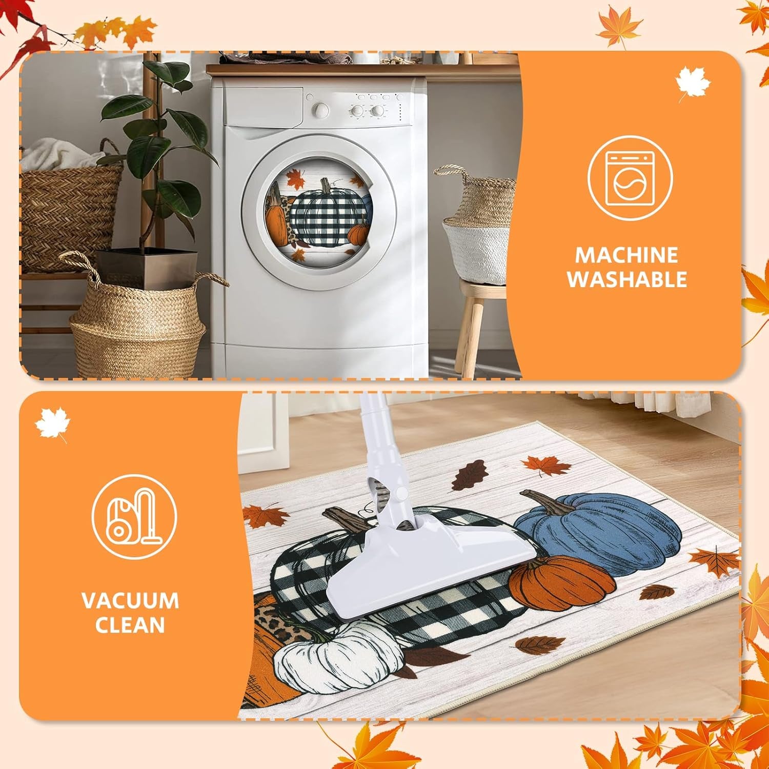20"X32" Fall Bathroom Rugs Non Slip Washable, Pumpkin Fall Kitchen Rugs Farmhouse Halloween Kitchen Mat, Indoor Door Mats Carpet for Hallway Entryway Laundry Room Autumn Home Decor