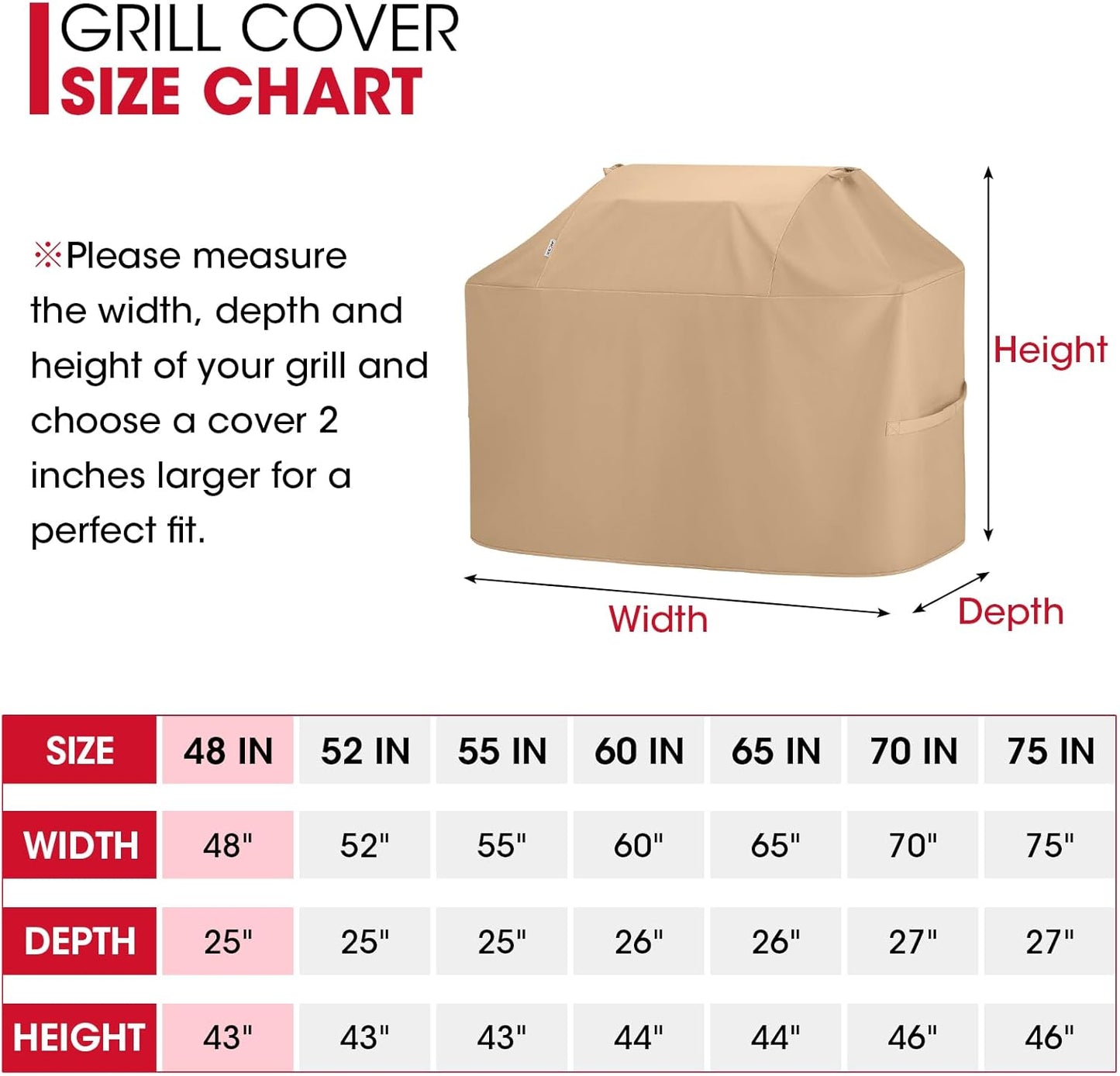 BBQ Grill Cover for Outdoor Grill 48 Inch, Heavy Duty Waterproof 2 Burner BBQ Cover, Compatible with Weber Char-Broil and Nexgrill Gas Grills, All Weather Protection, Light Brown