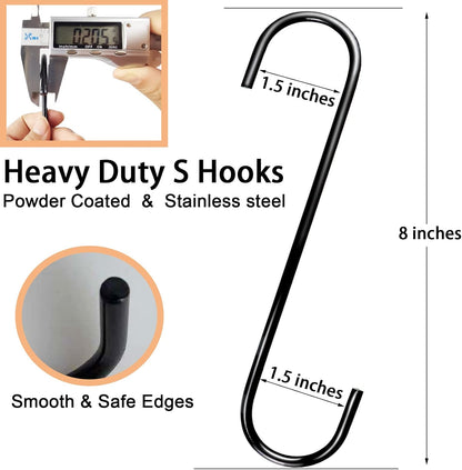 8-Inch Heavy-Duty S Hooks, 6-Pack Extra Large Metal S-Shaped Hooks for Outdoor Plant Hanging, Closet Organization, Flower Baskets, Patio Use, Bird Feeders, Bird Houses, and Kitchen Pots and Pans (Black)
