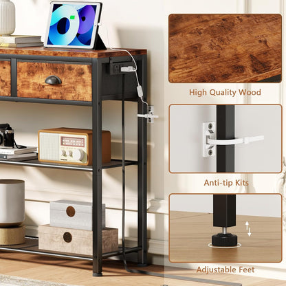 Console Table with Charging Station & 3 Fabric Drawers, 38'' Entryway Table with Storage Shelves and LED Light for Entry Way, Industrial Display Shelf for Hallway, Foyer, Rustic Brown