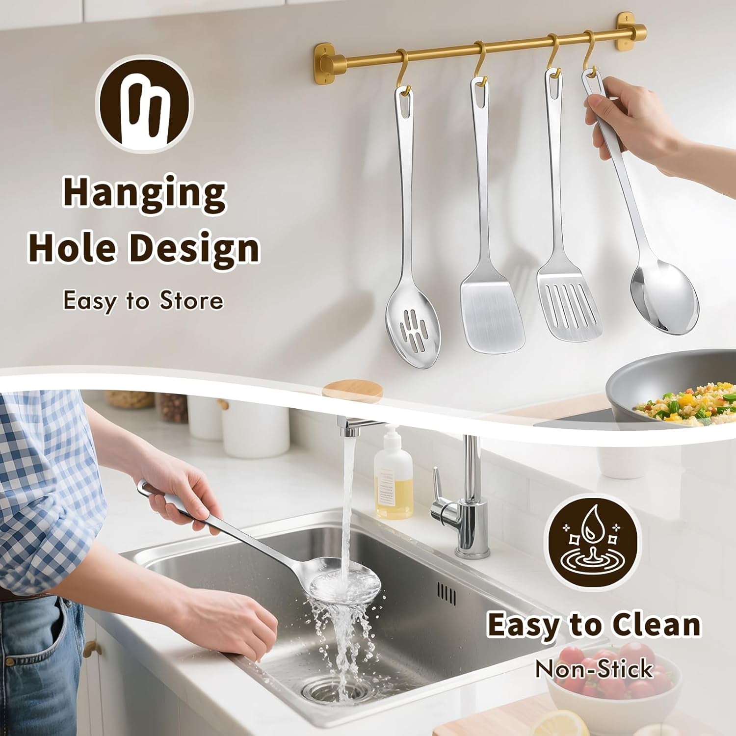 4 Pcs Cooking Utensils Set, Stainless Steel Kitchen Utensils, Heat Resistant Metal Kitchen Tools Include Solid & Slotted Turner Wok Spatula, Serving Spoon, Ergonomic Handle, Easy to Clean, Silver