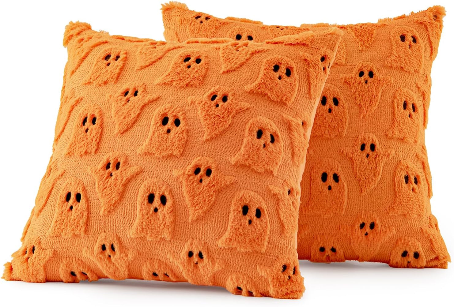 Halloween Decorative Pillow Covers - Set of 2 Soft Plush Faux Fur Ghost Design Cushions for Couch, Sofa, Bed, and Porch - 18x18 Inches - Orange Fall Decor