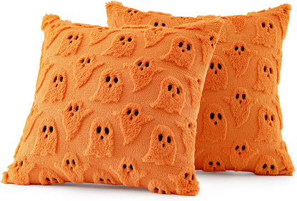 Halloween Decorative Pillow Covers - Set of 2 Soft Plush Faux Fur Ghost Design Cushions for Couch, Sofa, Bed, and Porch - 18x18 Inches - Orange Fall Decor