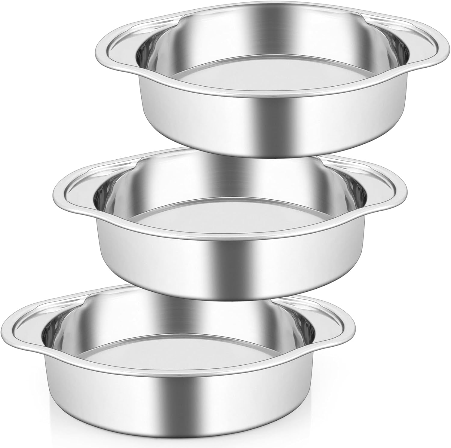 8 Inch Cake Pans Set for Baking, 3-Piece round Baking Pan with Handles, Stainless Steel Cake Tin for Birthday, One-Piece Design & Wider Handle, Dishwasher Safe & Heavy Duty, Silver