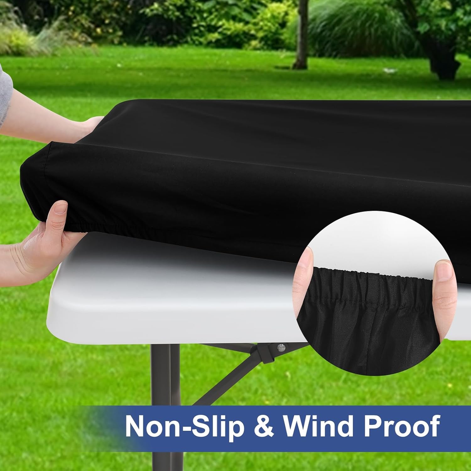 6 Foot Rectangle Elastic Fitted Tablecloth, Waterproof Fabric Table Cover, Washable Polyester Table Cloth for Dinner, Party, Fall (Black, 30" X 72")