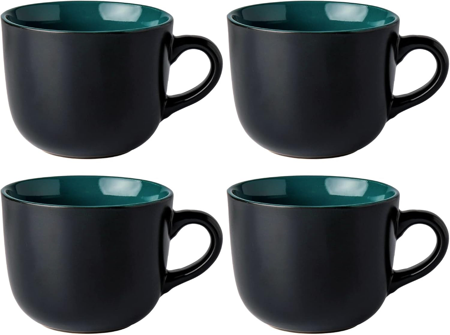 Set of 4 Jumbo Ceramic Soup Mugs with Handles, 24 Oz Capacity, Microwave and Dishwasher Safe - Green Interior