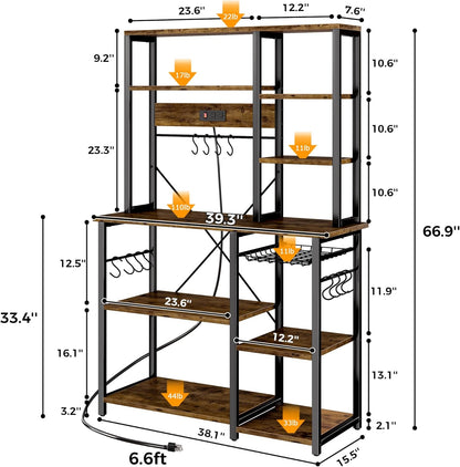 Large Rustic Brown Bakers Rack with Power Outlets, 6-Tier Microwave Stand and Coffee Bar, Featuring 12 S-Shaped Hooks and Wire Basket, Dimensions: 39.3 x 15.5 x 66.9 Inches