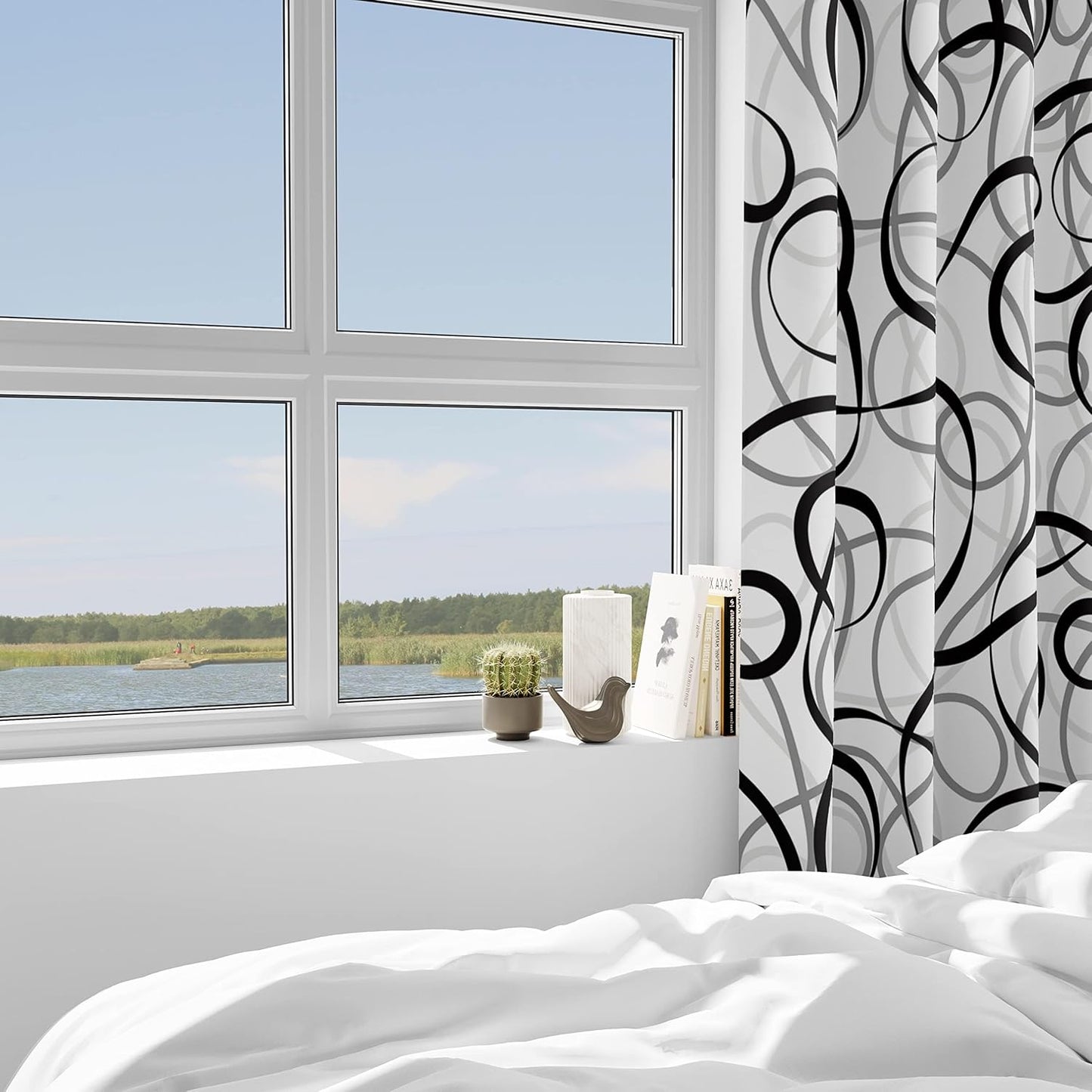 Black Grey White Geometric Curtains 2 Panels Sets Abstract Line Modern Art Pattern Window Treatments Room Darkening Heat Blocking Elegant Curtain Decor for Living Room Bedroom 52X84 Inches