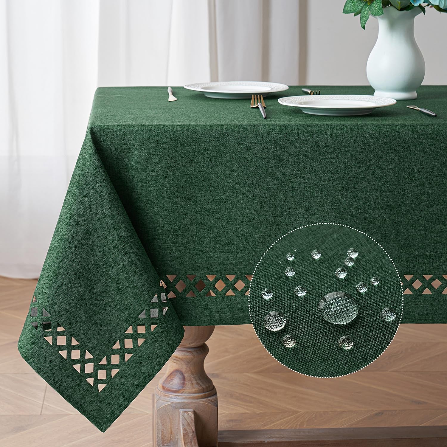 Hunter Green Thick Polyester Linen Rectangle Tablecloth with Decorative Cutouts, Waterproof, Stain and Wrinkle Resistant, Ideal for Christmas and Holiday Dining, 52 x 70 Inches