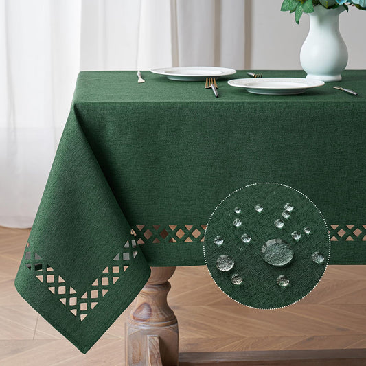 Hunter Green Thick Polyester Linen Rectangle Tablecloth with Decorative Cutouts, Waterproof, Stain and Wrinkle Resistant, Ideal for Christmas and Holiday Dining, 52 x 70 Inches