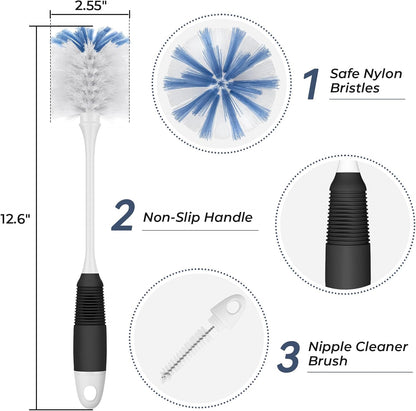 Bottle Brush Cleaner, Long Flexible Handle Bottle Brush Scrub for Water Bottles, Glasswares, Tumblers, Travel Coffee Mugs, 2 Pack