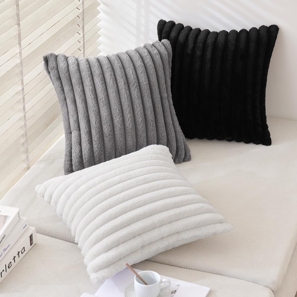 Faux Fur Plush Decorative Throw Pillow Covers Set of 2 Luxury Soft Fluffy Striped Pillowcases Cushion for Sofa Couch Bed Living Room Light Grey 18X18 Inch