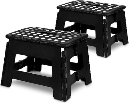 Folding Step Stool - (Pack of 2) Foot Stool with 9 Inch Height - Holds up to 300 Lbs - Lightweight Plastic Foldable Step Stool for Kitchen, Bathroom & Living Room (Black)