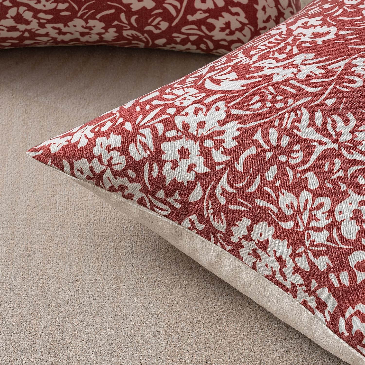 Floral Pillow Covers 18X18 Set of 2, Neutral Linen Decorative Throw Pillow Covers for Sofa Couch Outdoor Living Room, Farmhouse Cushion Covers, Red