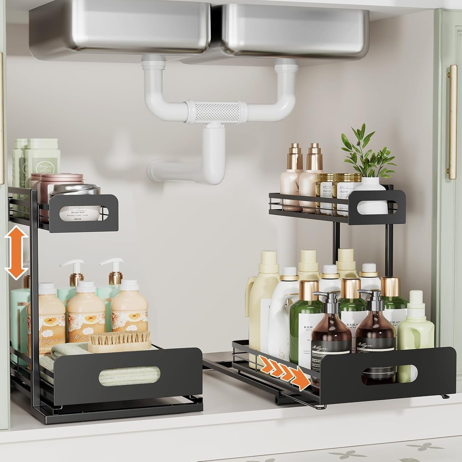 2 Pack Metal under Sink Organizers and Storage, 2 Tier Pull Out under Cabinet Organizer for Kitchen Bathroom, Adjustable under Sink Shelf for under Counter Storage Organizer, Black