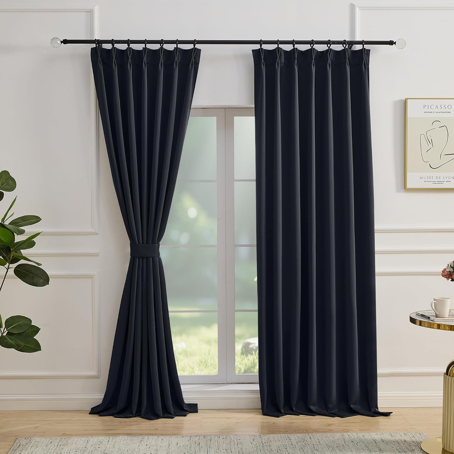 Black Short Black Out Pinch Pleated Curtains for Bedroom 54 Inches Long 2 Panels, Solid Curtains Thermal Insulated Energy Saving Window Treatment Curtains with Hooks, 42" W X 54" L