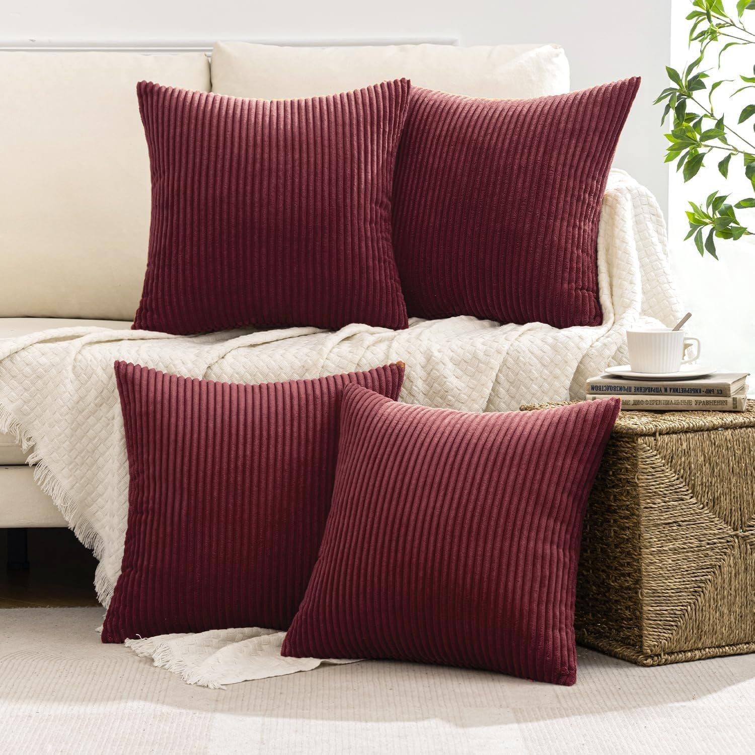 Boho Farmhouse Throw Pillow Covers 16X16 Inch Set of 4 Mordern Nordic Cushion Covers Soft Corduroy Christmas Home Decor for Couch Bed Sofa Living Room Burgundy