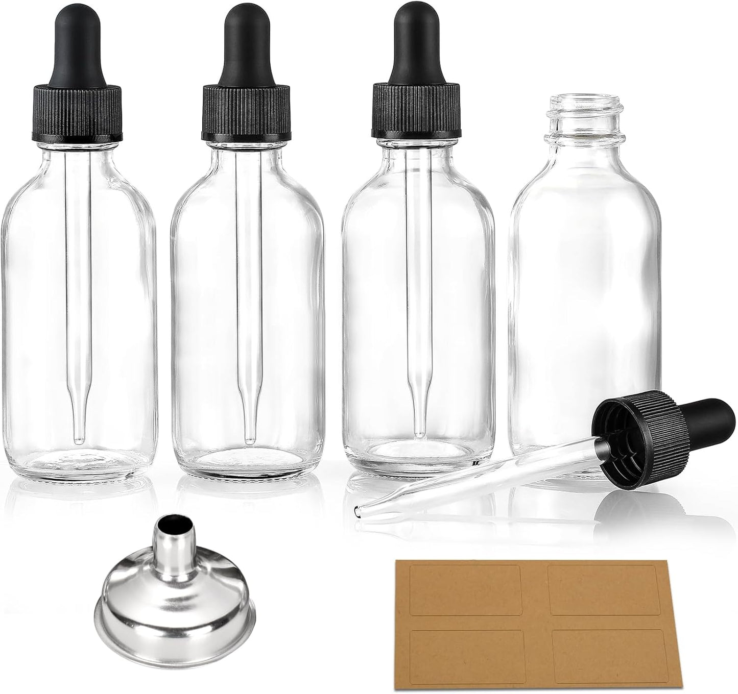 Set of 4, 1 Oz Clear Eye Dropper Bottles with 1 Stainless Steel Funnels & 4 Labels - Black Caps 30Ml Thick Glass Tincture Bottles - Leakproof Essential Oils Bottles for Health, Personal Care & Beauty