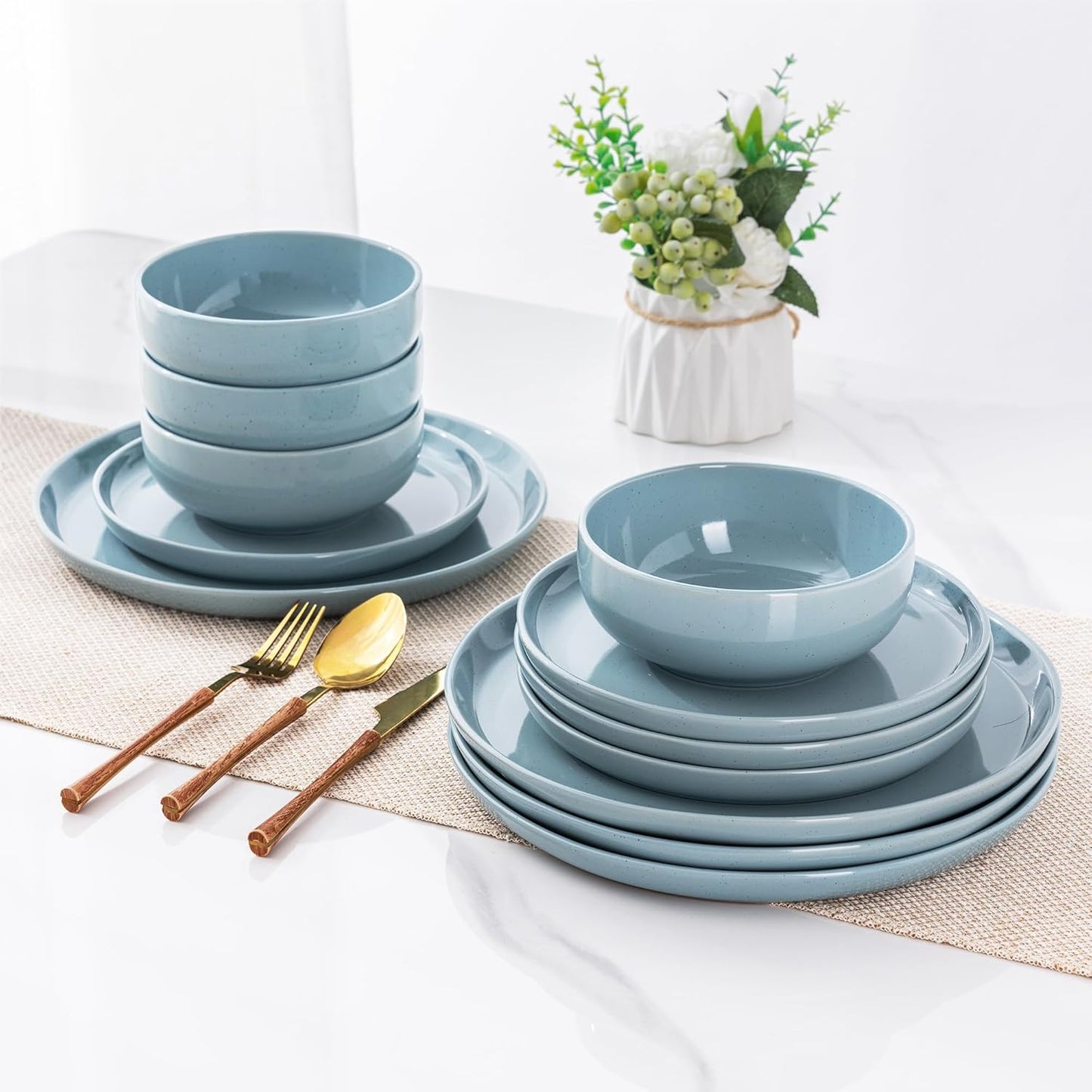 Ceramic Dinnerware Set for Four - 12-Piece Stoneware Plates and Bowls, Handmade, Chip and Scratch Resistant, Dishwasher and Microwave Safe