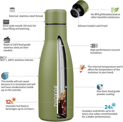 12Oz Water Bottles Stainless Steel Double Wall Vacuum Insulated Small Water Bottles for Travel,Olive Green