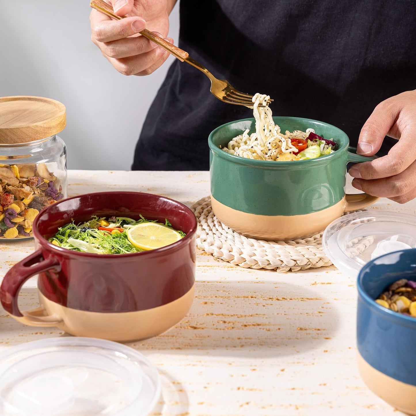 Ceramic Soup Mugs with Handles and Lids, 24 oz Set of 2 with Terracotta Underside, Versatile Mug Bowls with Spoon for Soup, Cereal, Salad, Noodles, and Ramen - Microwave and Dishwasher Safe in Green and Purple