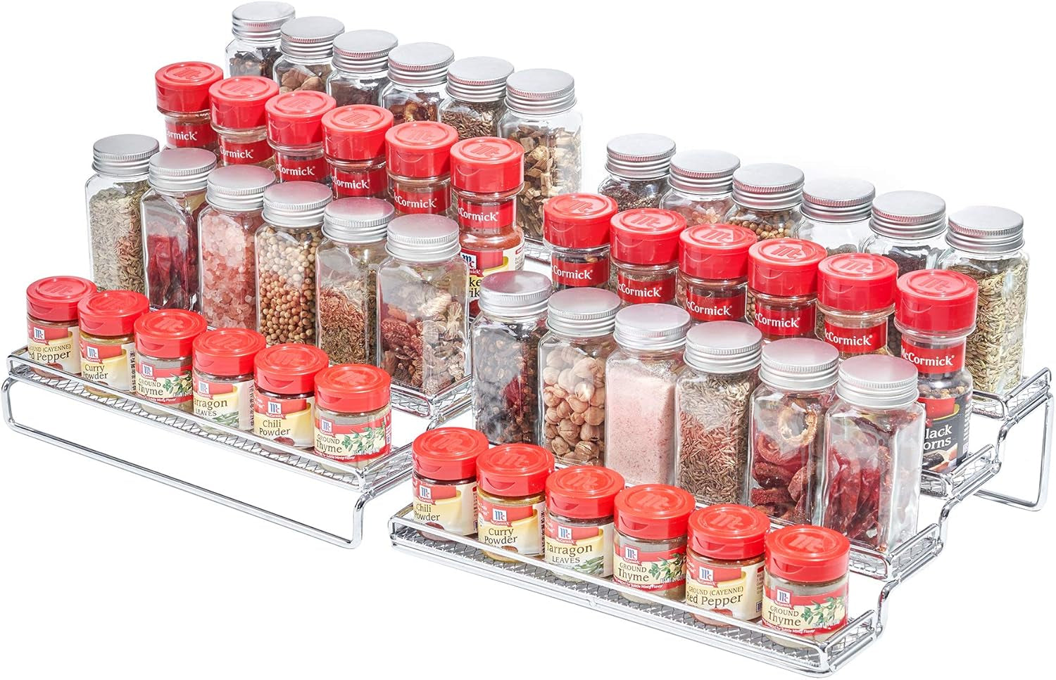 Spice Rack Organizer for Cabinet, 4 Tier Seasoning Organizer, Expandable Shelf,Step Storage Holder, Kitchen Cabinet Countertop,With Protection Railing, Metal (Chrome2 PC)