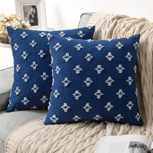 Set of 2 Decorative Throw Pillow Covers Rhombic Jacquard Pillowcase Soft Square Cushion Case for Couch Sofa Bed Bedroom Living Room, 18X18 Inch, Blue