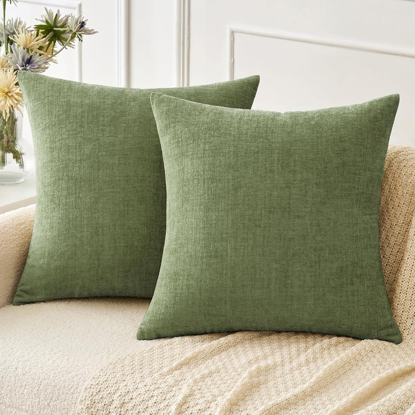 Pack of 2 Couch Throw Pillow Covers 18X18 Inch Spring Soft Sage Green Chenille Pillow Covers for Sofa Living Room Solid Dyed Pillow Cases
