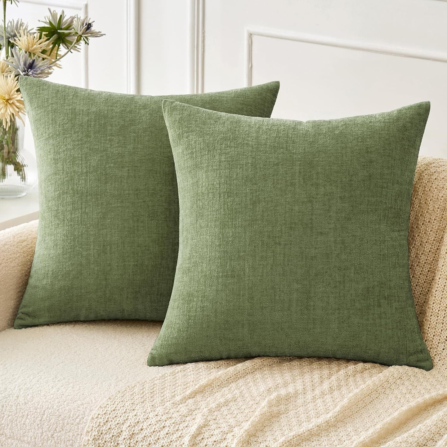 Pack of 2 Couch Throw Pillow Covers 18X18 Inch Spring Soft Sage Green Chenille Pillow Covers for Sofa Living Room Solid Dyed Pillow Cases