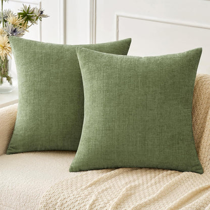 Pack of 2 Couch Throw Pillow Covers 18X18 Inch Spring Soft Sage Green Chenille Pillow Covers for Sofa Living Room Solid Dyed Pillow Cases