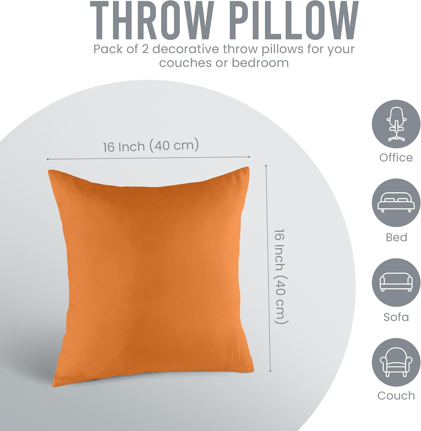 Throw Pillows Insert (Pack of 2, Orange) - 16 X 16 Inches Bed and Couch Pillows - Indoor Decorative Pillow