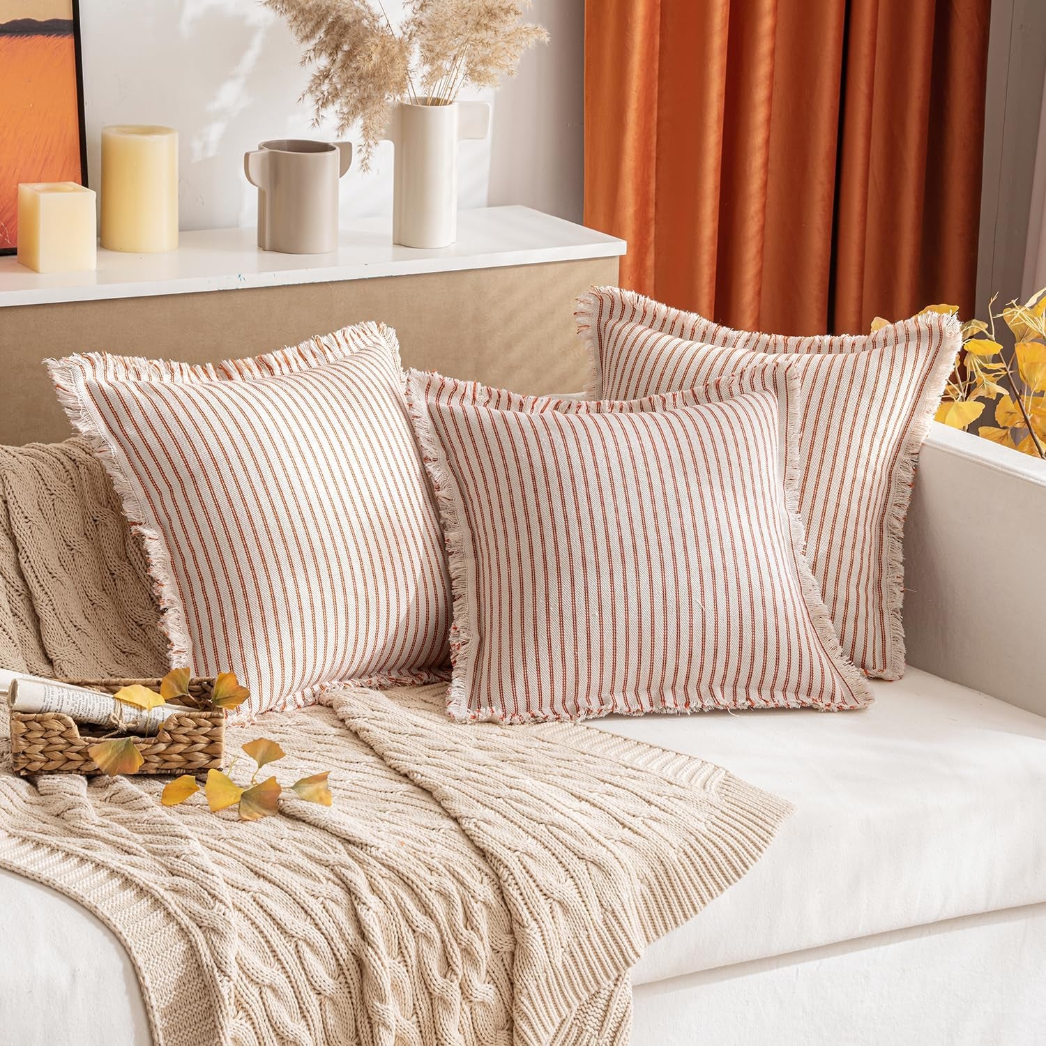 Fall Pack of 2 Rust Pillow Covers 20X20 Inch Striped Farmhouse Couch Throw Pillow Covers with Fringe Chic Linen Decorative Cushion Covers for Sofa Living Room Bed Outdoor Home Decor