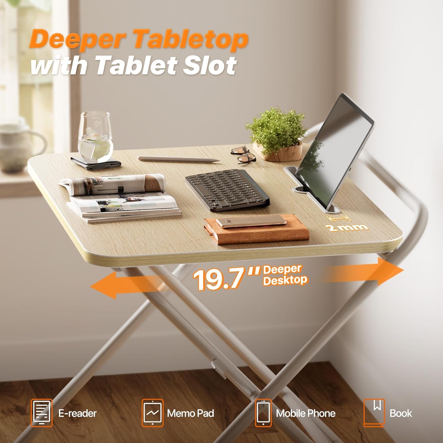 Adjustable Height Folding Desk with Tablet Slot, 24-Inch Compact Computer Desk for Small Spaces, Ideal for Home Office, Bedroom, and Study, Oak Finish