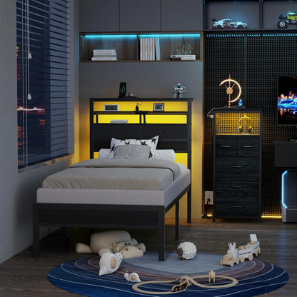 Twin Bed Frame with Integrated Charging Station and LED Lighting, Wooden Headboard Featuring Two Fabric Drawers and Storage Shelves, Twin Size Platform Design with Metal Slats, Box Spring Not Required, Black Oak Finish