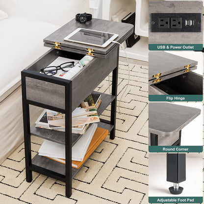 End Table with Charging Station, Flip Top Side Table with USB Ports and Outlets, Sofa Couch Table Bedside Table for Living Room Bedroom, Narrow Nightstand with Storage Shelves for Small Space