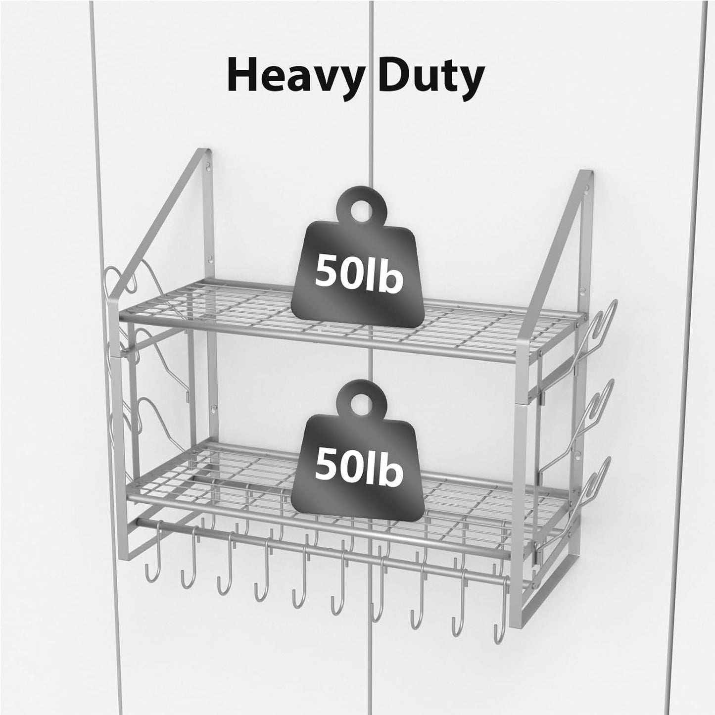 28 Inch Pot Rack Wall Mounted, 2 Tier Pots and Pans Organizer with 20 Hooks and 6 Pot Lid Holders, Heavy Duty Steel Pot and Pan Hanger for Kitchen Cookware Utensils Storage, Silver