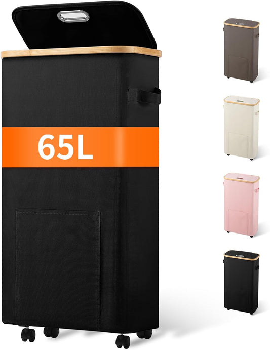 Laundry Basket with Wheels, Tall Dirty Clothes Hamper on Wheels, Rolling Laundry Hamper with Lid for Dorm, Bedroom and Bathroom (Black, 65L)