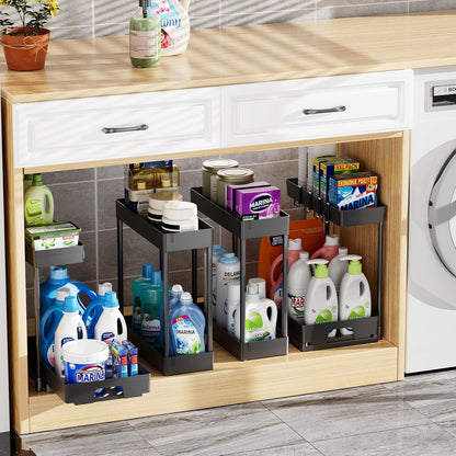 4 Pack under Sink Organizers and Storage, 2 Tier Pull Out Bathroom Cabinet Organizer, L-Shape Black under Kitchen Sink Organizer, under Counter Storage Organizer with Drawer