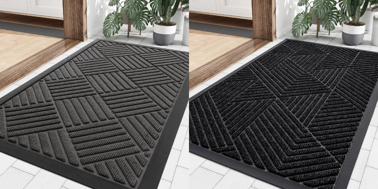 Front Door Mat outside Entrance, Heavy Duty Sturdy Natural Rubber Doormat, 29.5X17 Inch, Grey and Black, 2 Item Bundle