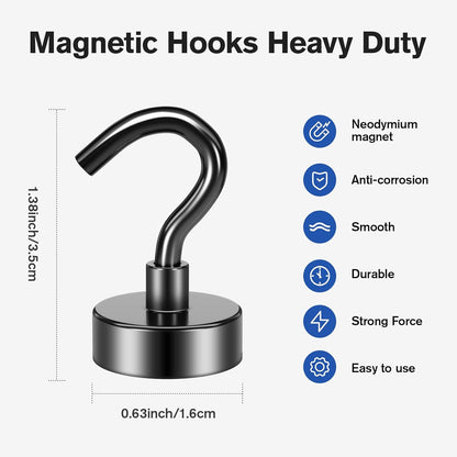 10Pack Black Magnetic Hooks Heavy Duty, Neodymium Magnet Hooks for Cruise, Strong Magnetic Hooks for Hanging, Magnets with Hooks for Home, Kitchen, Workplace, Office -25LBS