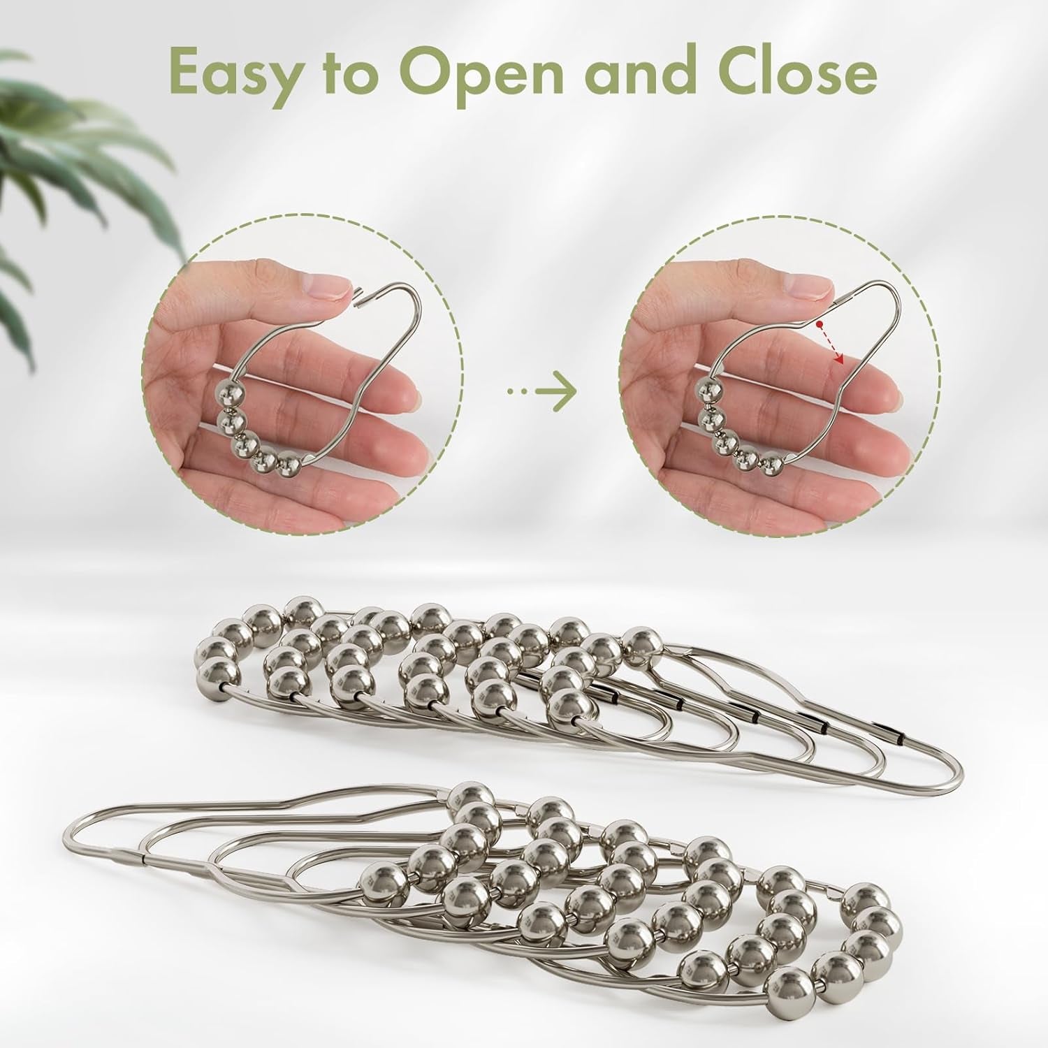 Shower Curtain Hooks, Decorative Rust Proof Stainless Steel Shower Curtain Hooks for Bathroom Shower Rods Set of 12, Polished Nickel