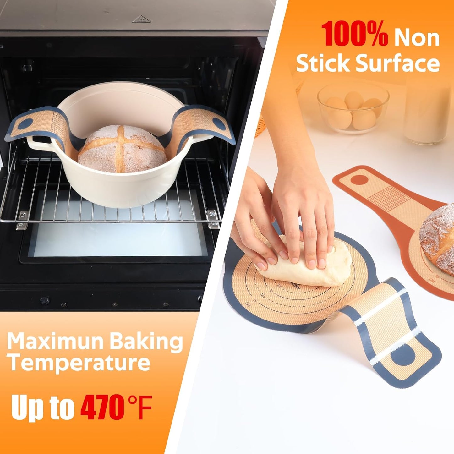 2 Pcs Extra Wider Silicone Bread Sling for Dutch Oven ,Non-Stick Silicone Bread Baking Mat for Sourdough ,Silicon Dough Lifter Liner with Longer Handles （22.6*8.3 Dark Gray,Brown）