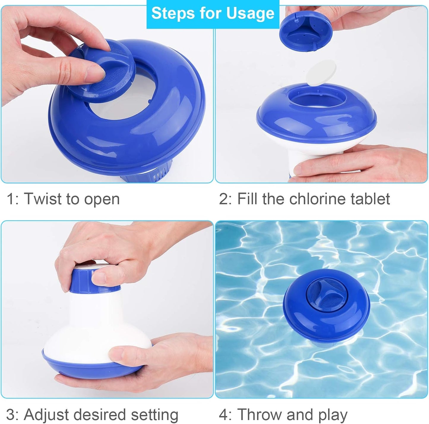 Premium Hot Tub/Spa/Pool Chlorine Floater Chlorinator/Bromine Floater, Chemical Floating Dispenser for Pools, 1.5 Inch Tablet Holder Automatic Tablets Floaters Blue with White 4.92*4.92*5.2Inch