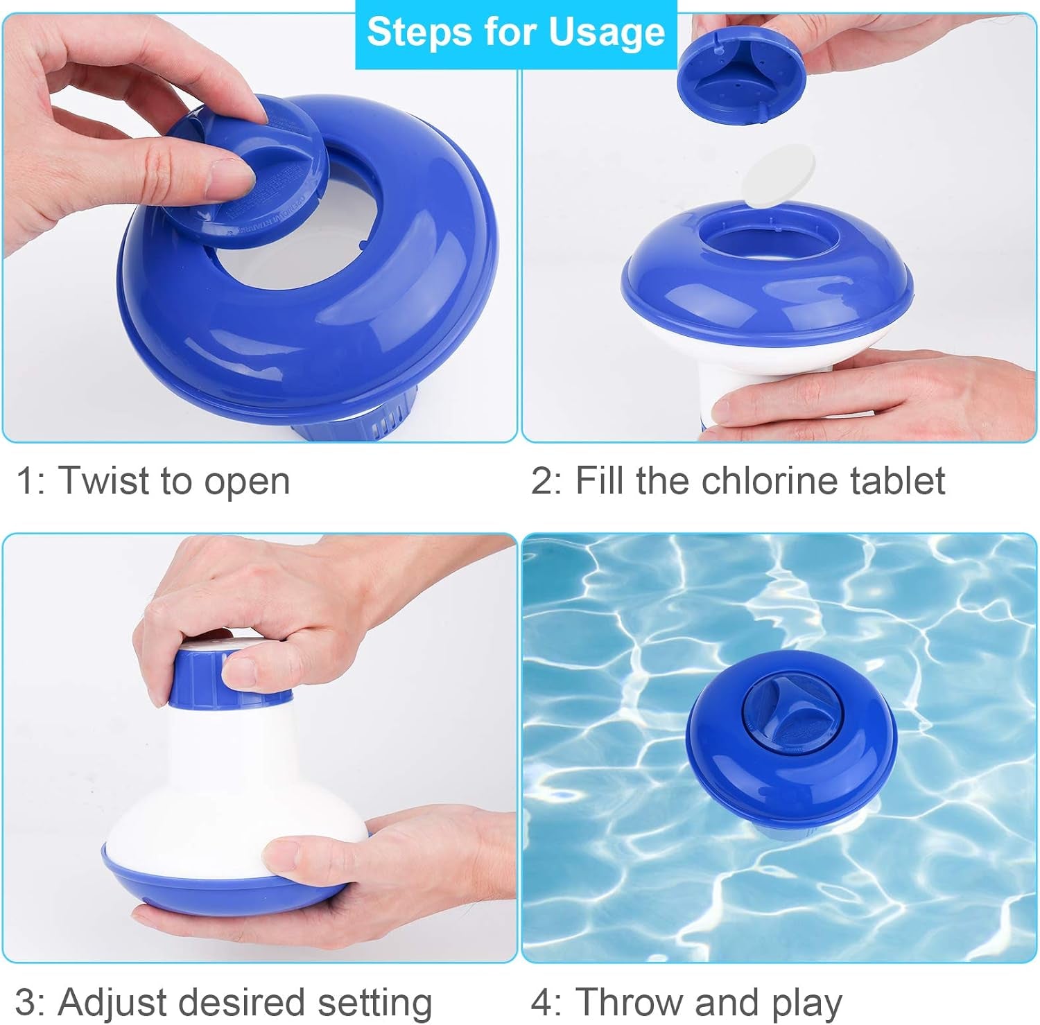 Premium Hot Tub/Spa/Pool Chlorine Floater Chlorinator/Bromine Floater, Chemical Floating Dispenser for Pools, 1.5 Inch Tablet Holder Automatic Tablets Floaters Blue with White 4.92*4.92*5.2Inch