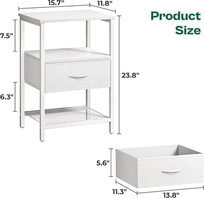 Fabric Drawer Nightstand with Mesh Shelf and Metal Frame, White