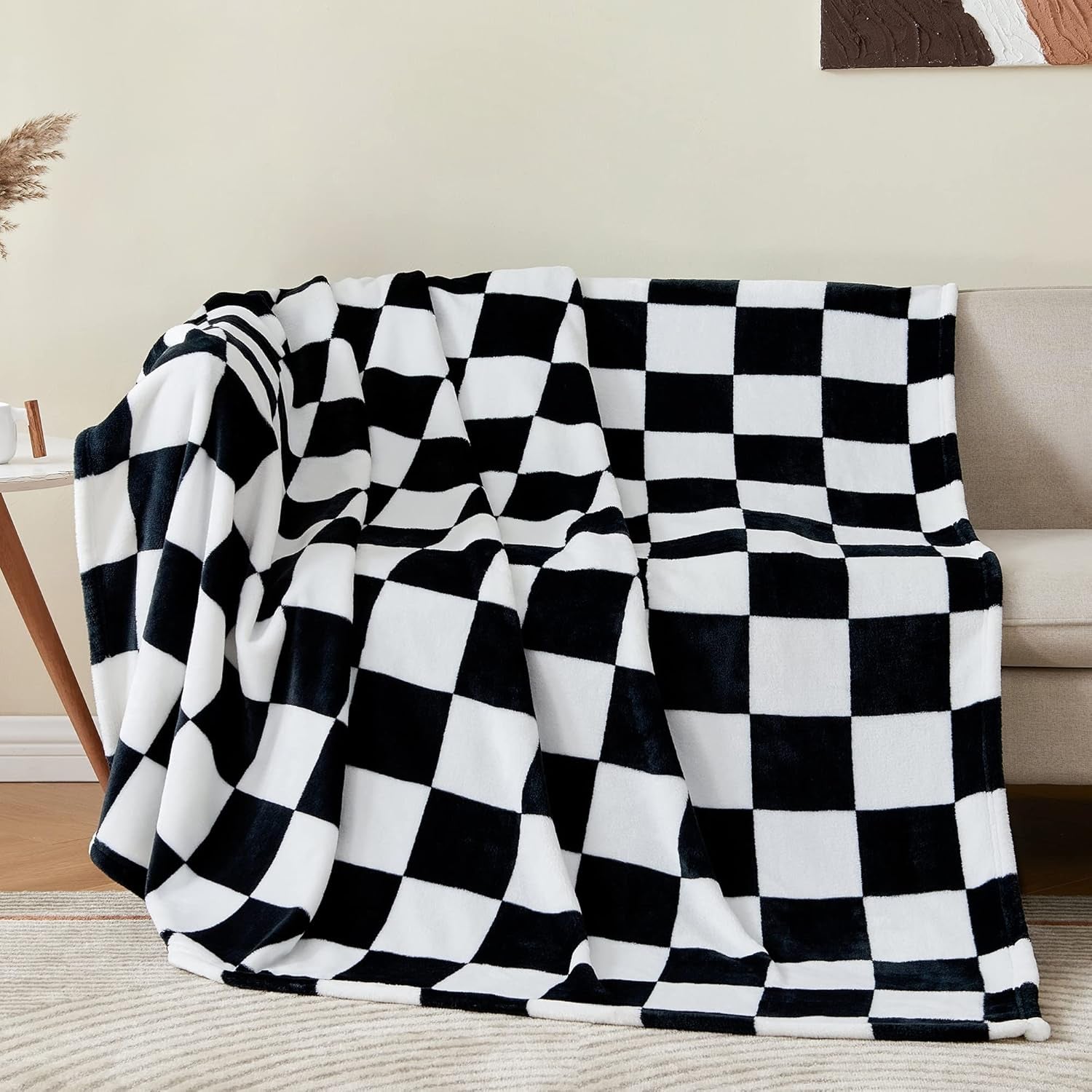 2 Pieces Fleece Blankets (Black, Solid & Checekered, 50"X60"), Luxury Plush Cozy Fuzzy Blankets