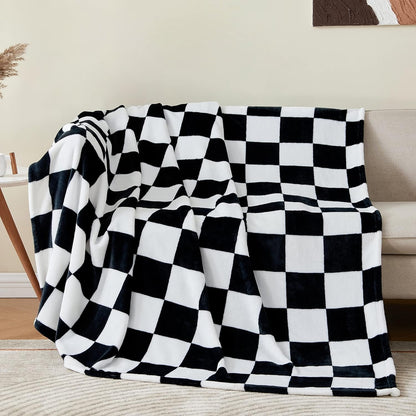 2 Pieces Fleece Blankets (Black, Solid & Checekered, 50"X60"), Luxury Plush Cozy Fuzzy Blankets